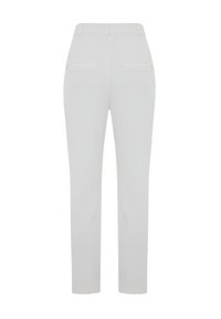 White tailored trousers with a slim fit, featuring a smooth fabric, two back pockets, and a clean, minimalist design.