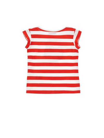 Κόκκινο και λευκό οριζόντια ριγωτό κοντομάνικο πουκάμισο με στρογγυλή λαιμόκοψη, εμφανιζόμενο από πίσω σε λευκό φόντο.