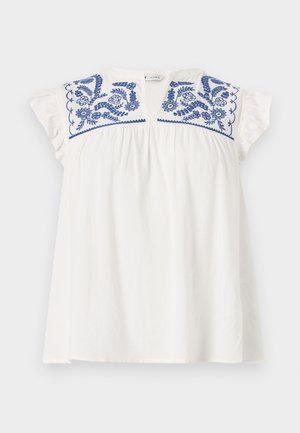 Bílý krátký rukáv top s modrou květinovou výšivkou na hrdle, s plisováním pro objem a měkkými volánovými rukávy. Lehká, neformální látka.