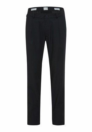 Pantaloni neri realizzati in tessuto elasticizzato con una vestibilità su misura. Presentano pieghe frontali, tasche laterali e un'apertura con zip e chiusura a un solo bottone.
