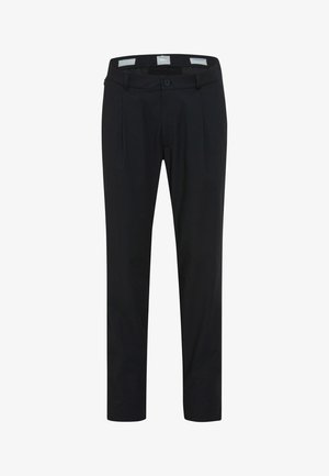 Zwarte broeken van rekbare stof met een getailleerde pasvorm. Voorzien van voorplooien, zijzakken en een rits met een enkele knoopsluiting.