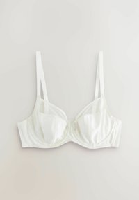Witte satijnen en mesh beha met twee verstelbare bandjes, onderdraadsteun en een naadloos cupdesign. Heeft een gladde textuur en een eenvoudige stijl.
