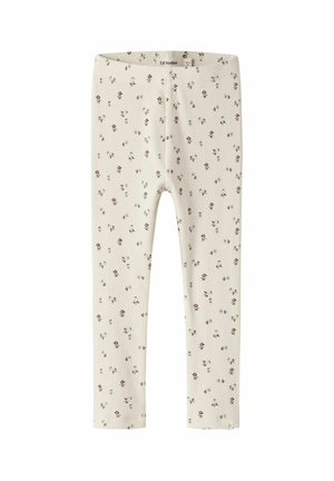 Children’s cream ribbed leggings with small pink and brown floral print, elastic waistband, laid flat against a white background.