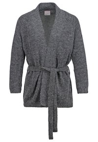 Harmaa avonainen neuletakki, joka on valmistettu pehmeästä, tekstuurista materiaalista. Siinä on solmittava vyö vyötäröllä ja pitkät hihat, joissa on rento istuvuus.