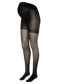 Collants opaques noirs avec une texture lisse. Dotés d'une taille haute et d'un renfort au niveau des cuisses. Sections de jambe semi-transparentes.
