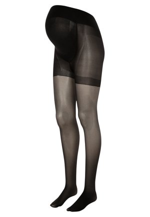 Black opaque tights with a smooth texture. Features a high waist design and reinforced banding at the thighs. Semi-transparent leg sections.