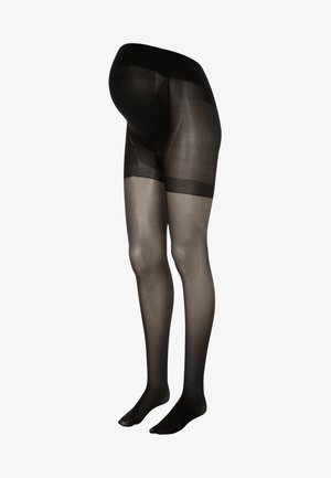 Zwarte ondoorzichtige panty’s met een gladde textuur. Kenmerken een hoge taille en versterkte band bij de dijen. Semi-transparante beensecties.