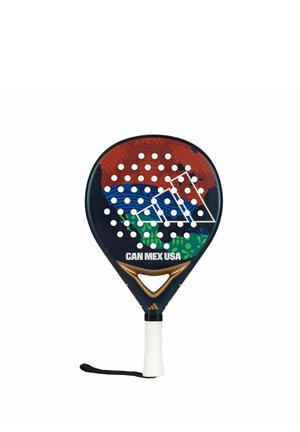 Raquette de padel avec forme de goutte perforée, design multicolore, texte "CAN MEX USA", grip blanc et sangle de poignet.
