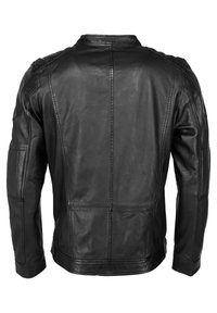 Schwarze Lederjacke mit tailliertem Design, strukturierter Oberfläche und kontrastierenden Nähdetails auf dem Rücken und den Ärmeln.