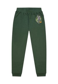 Groene katoen sweatpants met een elastische tailleband, zijzakken en een afbeelding van een dinosaurus met de tekst "BLAUW" op de linker bovenbeen.