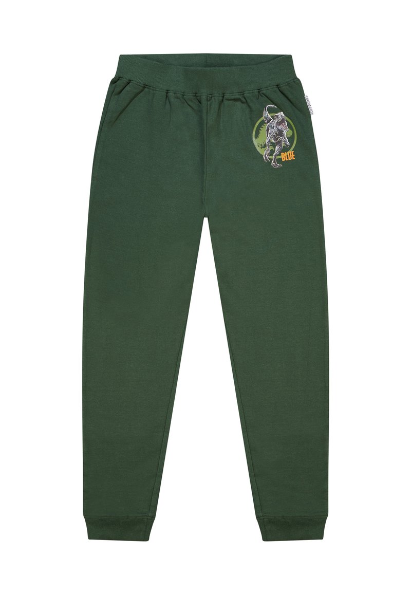 Groene katoen sweatpants met een elastische tailleband, zijzakken en een afbeelding van een dinosaurus met de tekst "BLAUW" op de linker bovenbeen.