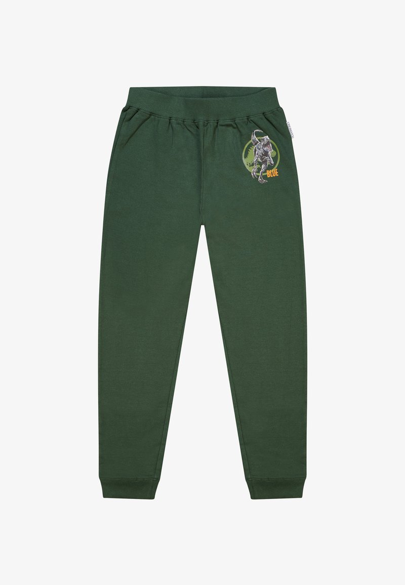 Pantaloni di felpa verdi in cotone con cintura elastica, tasche laterali e una grafica di un dinosauro con il testo "BLUE" sulla coscia sinistra.