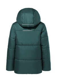 Dunkelgrüne, gepolsterte Winterjacke mit Kapuze, von hinten gezeigt, mit horizontalen Nähten und reflektierenden Besätzen an der Kapuze und im oberen Rückenbereich.