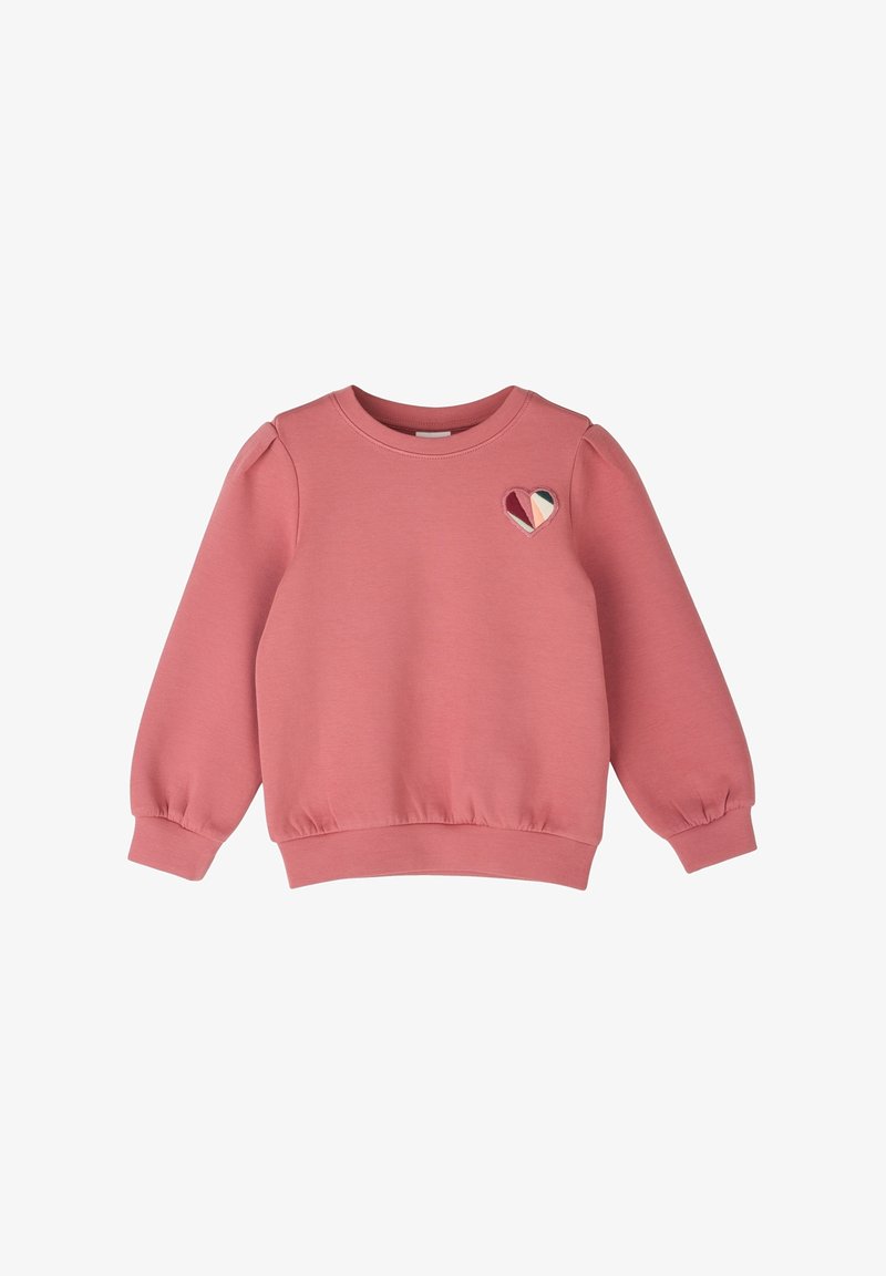 Sweat-shirt pour enfants à manches longues de couleur rose avec un col rond et un petit écusson en forme de cœur multicolore sur la partie supérieure gauche de la poitrine.