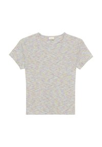 Korte mouwen crop top in een meerkleurig gestippeld patroon met pastelkleuren van paars, geel en groen en een ronde halslijn.