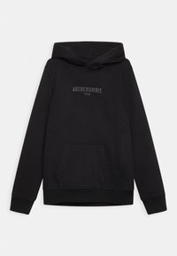 Zwart sweatshirt met capuchon, voorzien van een voorzak en geborduurd "ABERCROMBIE 1892" logo in grijs. Zachte, gestructureerde stof.