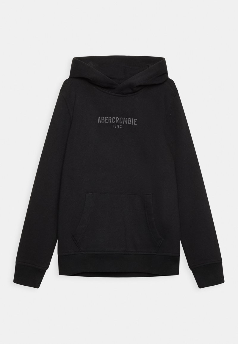 Zwart sweatshirt met capuchon, voorzien van een voorzak en geborduurd "ABERCROMBIE 1892" logo in grijs. Zachte, gestructureerde stof.