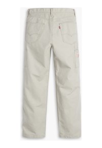 Pantalon beige clair à jambes droites avec deux poches arrière, une poche latérale à outils sur la jambe droite et des détails de couture visibles.
