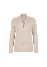 Beige cardigan med sjalkrage, två framfickor och två knappar. Tillverkad av texturerad tyg för en strukturerad look.
