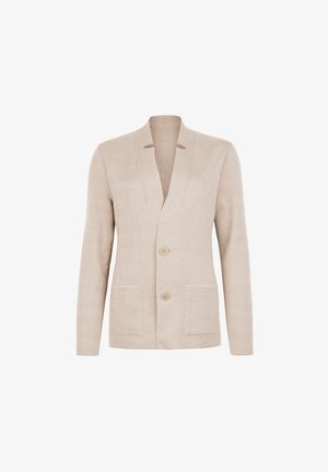 Beige cardigan med sjalskrave, to forlommer og to knapper. Fremstillet af tekstureret stof for et struktureret udseende.