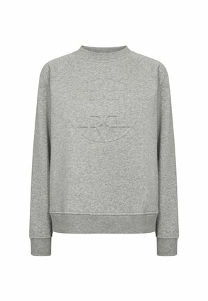 Lichtgrijze sweater met ronde hals en lange mouwen, voorzien van een subtiel reliëflogo op de borst.