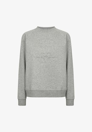 Lichtgrijze sweater met ronde hals en lange mouwen, voorzien van een subtiel reliëflogo op de borst.