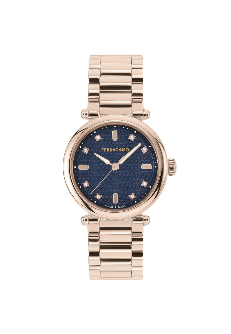 Rose gold watch with a round case, blue textured dial, diamond hour markers, and a linked rose gold bracelet. "Ferragamo" logo at 12 o'clock.