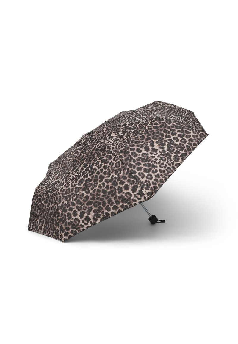 Parasol w panterkę z czarno-beżową kolorystyką, wyposażony w wytrzymały materiałowy daszek, metalowe żeberka i uchwyt do trzymania.