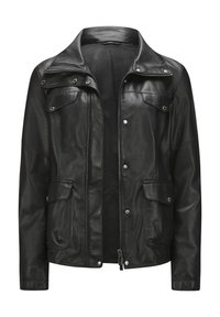 Schwarze Lederjacke mit Reißverschluss, geknöpften Brust- und Seitentaschen sowie einem strukturierten Kragen. Glatte Textur, mittellanges Design.