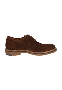 Bruine suede veterschoen met een ronde neus, contrasterende tan zool en decoratieve stiksels langs de zijkanten. Glad oppervlak met subtiele accenten.