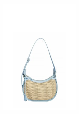 Lyseblå håndtaske med lædertrim og vævet beige krop, justerbar rem og øverste lynlås.