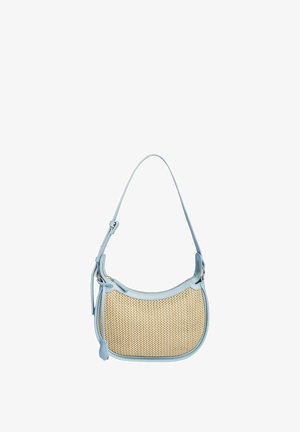 Light blue leather-trimmed handbag with woven beige body, adjustable strap, and top zipper closure.