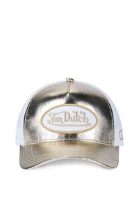 Goldfarbener Metallverschluss mit einem weißen Mesh-Rücken, ausgestattet mit einem erhabenen, gestickten Von Dutch-Logo auf einem weißen Patch an der Vorderseite. Flaches Schirmdesign.