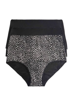 Dreierpack Damen-Slips mit hoher Taille, zwei einfarbig schwarz und einer schwarz mit weißem unregelmäßigem Punktmuster, übereinander auf weißem Hintergrund gelegt.