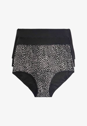 Confezione da tre slip donna a vita alta, due neri lisci e uno nero con motivo di puntini bianchi irregolari, sovrapposti su sfondo bianco.