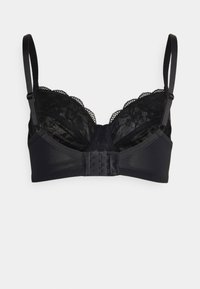 Μαύρη μπραλέτα με δαντελωτές λεπτομέρειες, μαλακό ύφασμα, στήριξη με μπανέλες, ρυθμιζόμενες τιράντες και κούμπωμα με γάντζο και μάτι στο πίσω μέρος.