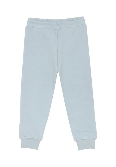 Pantaloni di felpa per bambini di colore azzurro chiaro, con vita elasticizzata e polsini a coste, su uno sfondo bianco.