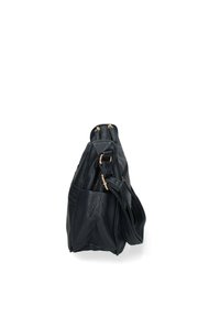 Borsa a mano in pelle nera con texture, dalla forma strutturata, con doppie cerniere sulla parte superiore e una tracolla rimovibile. Dettagli in metallo dorato.