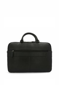 Borsa per laptop in pelle nera con doppie maniglie superiori, una tasca frontale con zip e una texture liscia. Forma piatta con dettagli di cucitura rinforzati.