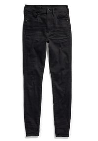 Pantalones vaqueros de algodón elástico negros con un diseño ajustado, que cuentan con cinco bolsillos, cierre de botón y un ligero desgastado a lo largo de los muslos.