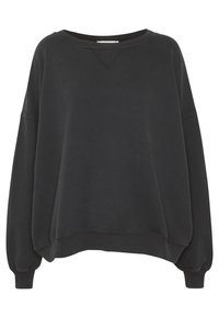 Tummanharmaa ylivahva collegepaita, jossa on leveä kaulus, resorireunukset hihansuissa ja helmassa, pehmeä pinta ja pelkistetty muotoilu.