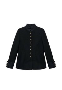 Černá bunda s mandarinovým límcem, zdobená zlatými knoflíky, se slim fit střihem a kontrastními manžetami z texturované tkaniny.