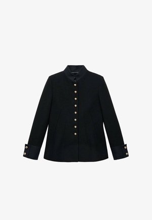 Schwarze Jacke mit Stehkragen, ausgestattet mit goldenen Knöpfen, taillierter Schnitt und kontrastierenden Ärmeln aus einem strukturierten Stoff.