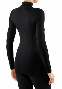 Haut noir à manches longues avec col haut, design ajusté, texture côtelée et coutures lisses, présenté de dos avec des manches longues.