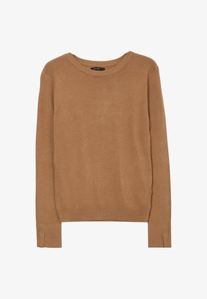 Maglione lavorato a maglia marrone con scollatura rotonda, maniche lunghe e polsini a costine. Morbido al tatto, con un design aderente e senza motivi o dettagli visibili.