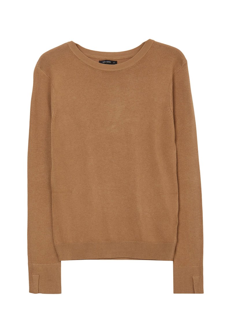 Maglione lavorato a maglia marrone con scollatura rotonda, maniche lunghe e polsini a costine. Morbido al tatto, con un design aderente e senza motivi o dettagli visibili.