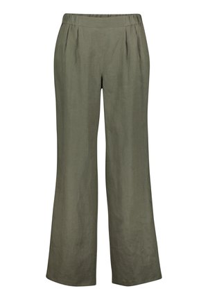 Pantalon vert olive à coupe ample avec une taille élastique et des jambes larges, confectionné dans un tissu léger.