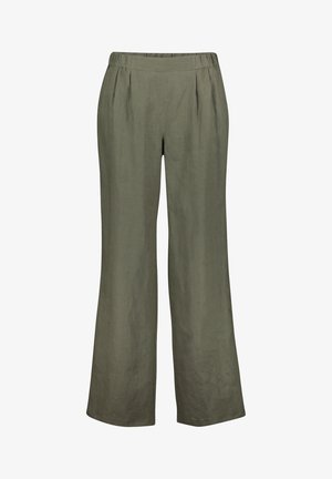 Pantalones de color verde oliva de corte suelto con cintura elástica y piernas anchas, hechos de tela ligera.