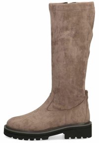 Botte taupe en daim montant jusqu'au genou, avec un bout arrondi, une semelle en caoutchouc et une surface texturée. Comprend une tige lisse et un détail de couture sur le côté.