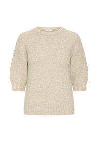 Helle beige Kurzarm-Sweatshirt mit rundem Halsausschnitt und strukturiertem Strick. Verfügt über leicht gepuffte Ärmel sowie einen gerippten Saum und Bündchen.